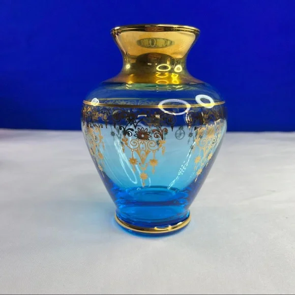 Light Blue Vecchia Murano Art Glass Vases - 5” tall - 24k gold leaf